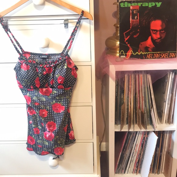 Vintage Tops - Vintage Y2k Milkmaid Fairy Camisole Tank Top Rose Pattern Floral Dot Cami Shirt